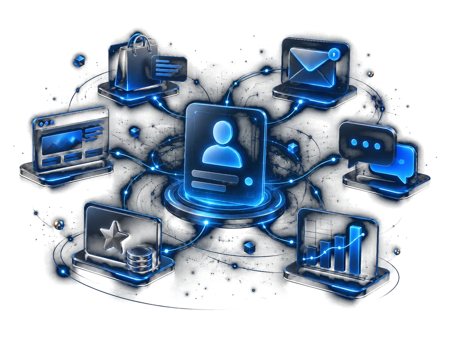 Профиль клиента в центре и подключённые к нему каналы: email, мессенджеры, заказы, программа лояльности, сайт и аналитика